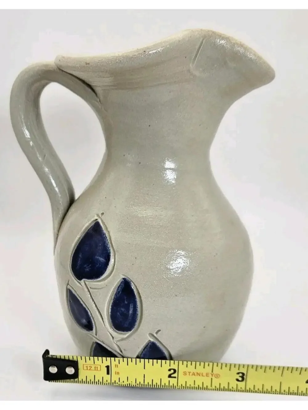 Williamsburg Pottery Small Pitcher Gray Cobalt Blue Leaf Salt Glaze Collectible